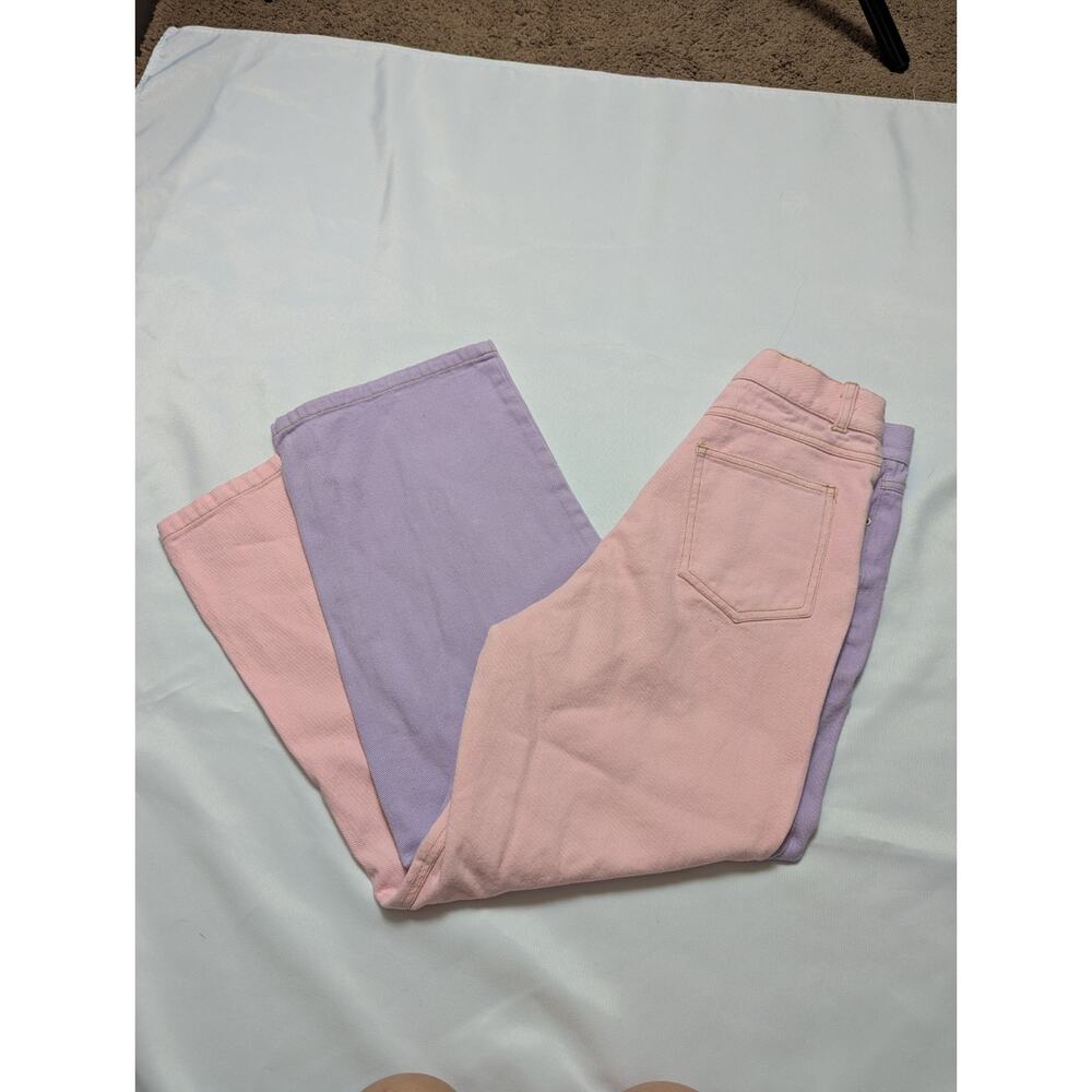 Shekou Two Tone Split Pink Purple High Rise Denim Jeans KPop Wide Leg Size S 24 - Picture 3 of 4